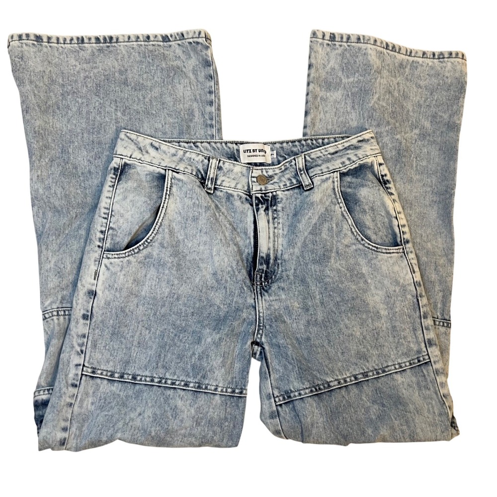 LITZ BY UNIQ Acid Wash Cargo Jeans‎ Women's Wide Leg Utility Denim 27 7 Grunge